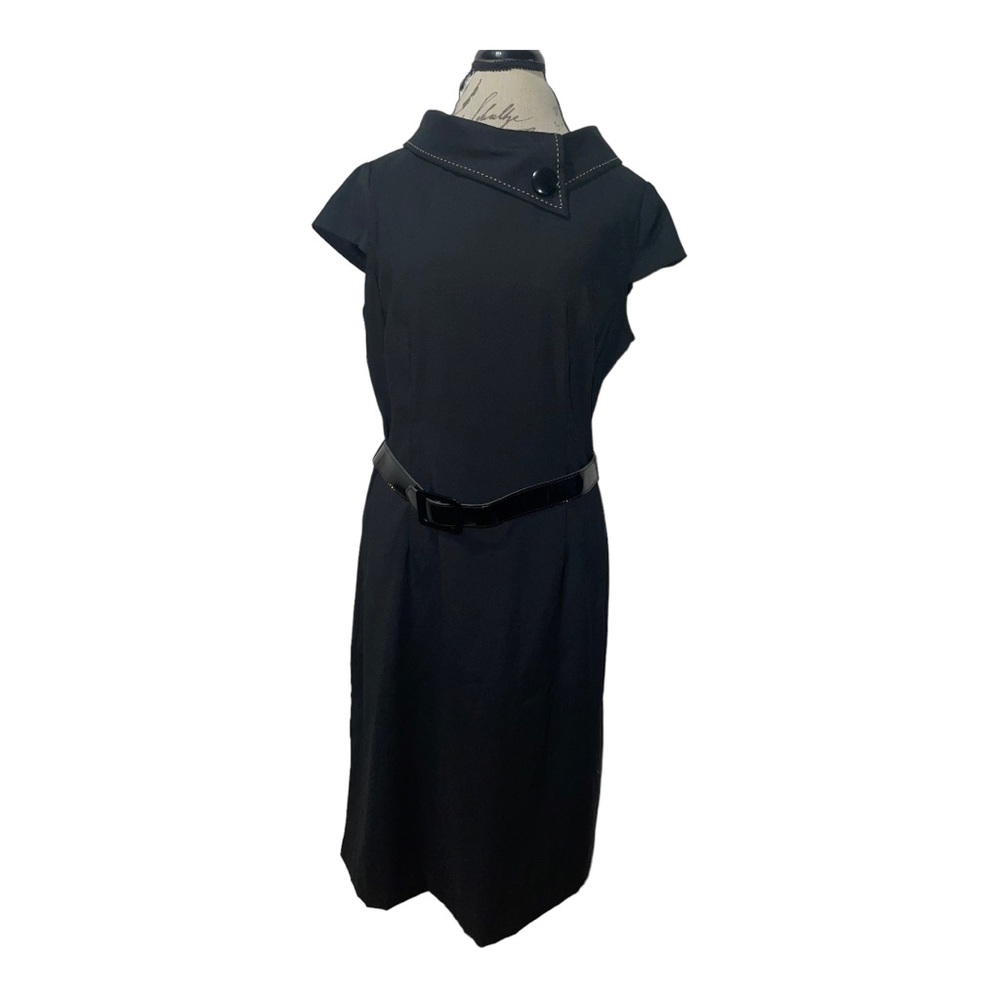 London times black envelope dress with white stitching nwt